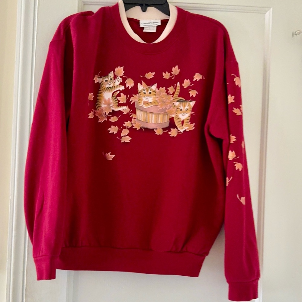 Country Store Leaves & Kittens Sweater Lagenlook Autumn Grannycore